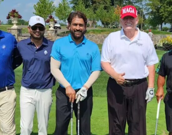 MS Dhoni playing golf with Donald Trump